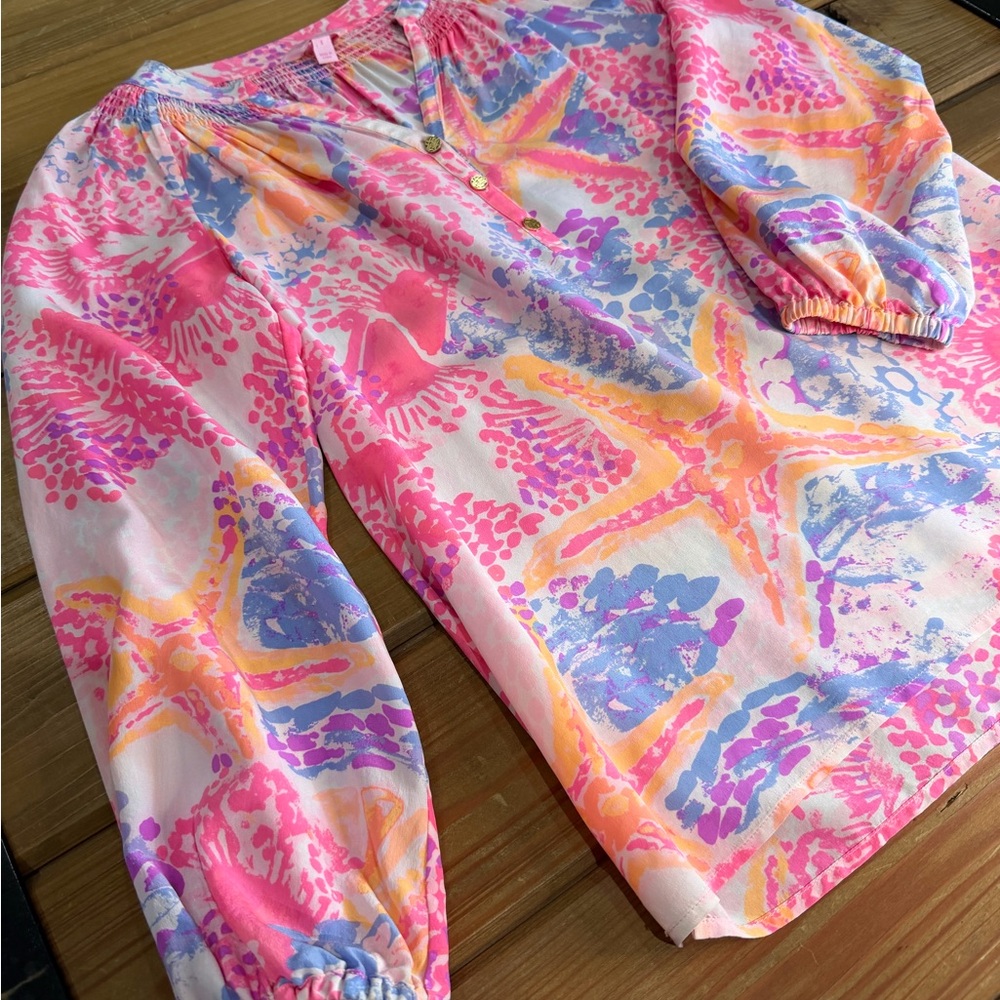 Lilly Pulitzer Pink, Orange & Lavender Starfish Print Silk Elsa Top
